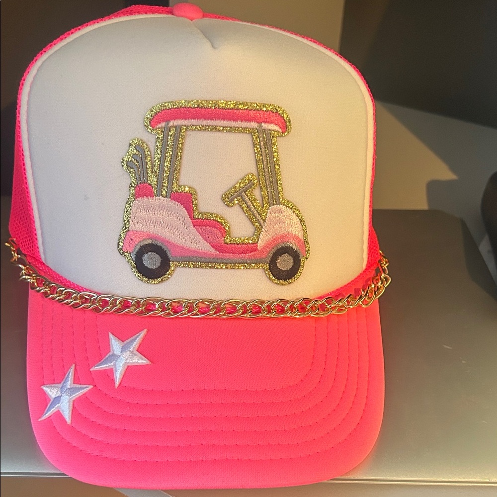 Pink and White Trucker Hat with Golf Cart Design and gold chain